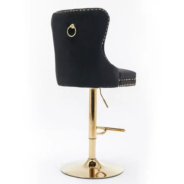 Alt view image 6 of 7 - Barstools Set of 2,Retro Swivel Pub Chair w/Height Adjustable Seat&Sturdy Metal Base for Cafe,Pub Height Bar Chairs Button Tufted Bar Stool w/High Back &Metal Ring for Home (Black + Gold + Set of 2)