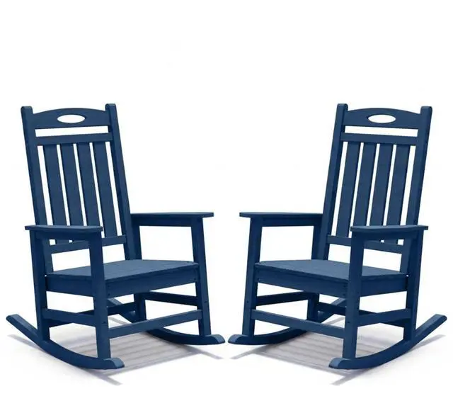 Main image of Oversized HDPE Patio Rocking Chairs w/High Backrest & Rounded Armrests for Garden, All Weather Outdoor Porch Rocker w/Slatted Frame & Ergonomic Design for Deck, Poolside, Set of 2 (Dark Blue)