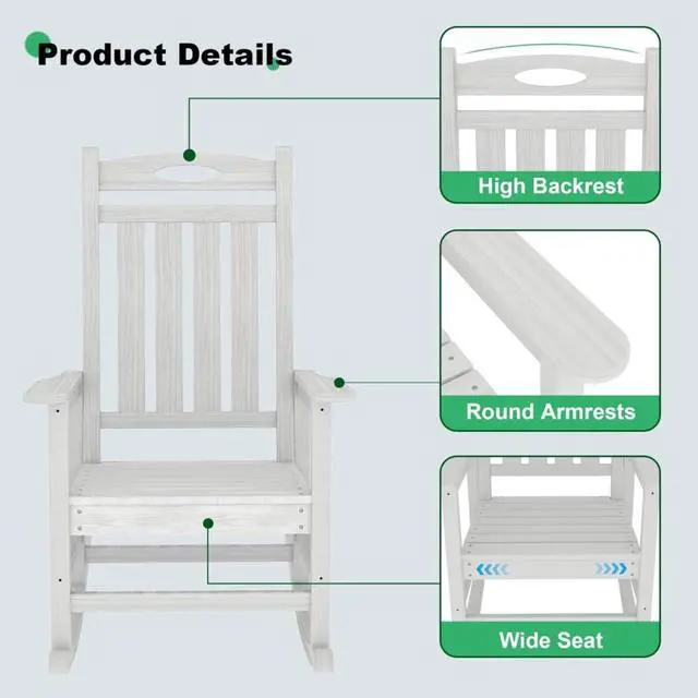 Alt view image 6 of 7 - Oversized HDPE Patio Rocking Chairs w/High Backrest & Rounded Armrests for Garden, All Weather Outdoor Porch Rocker w/Slatted Frame & Ergonomic Design for Deck, Poolside, Set of 2 (White)