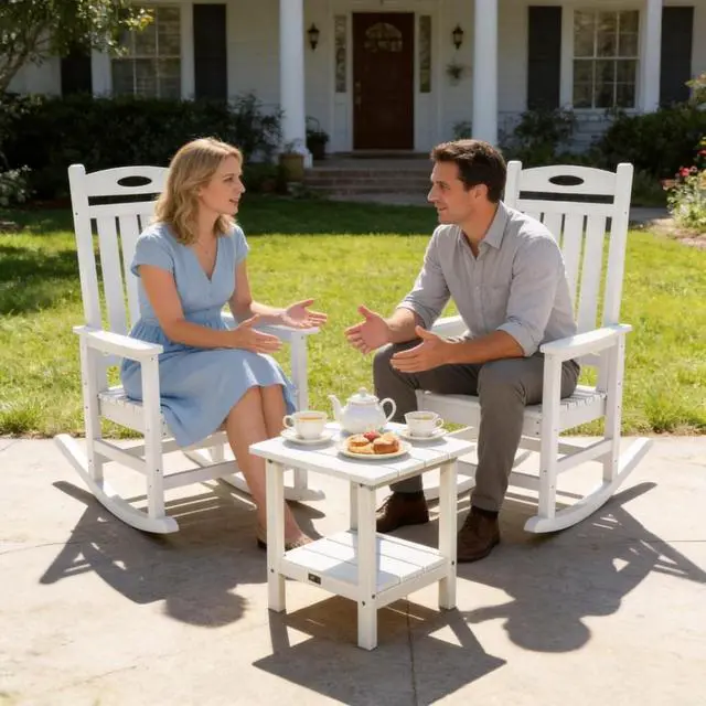 Alt view image 7 of 7 - Oversized HDPE Patio Rocking Chairs w/High Backrest & Rounded Armrests for Garden, All Weather Outdoor Porch Rocker w/Slatted Frame & Ergonomic Design for Deck, Poolside, Set of 2 (White)