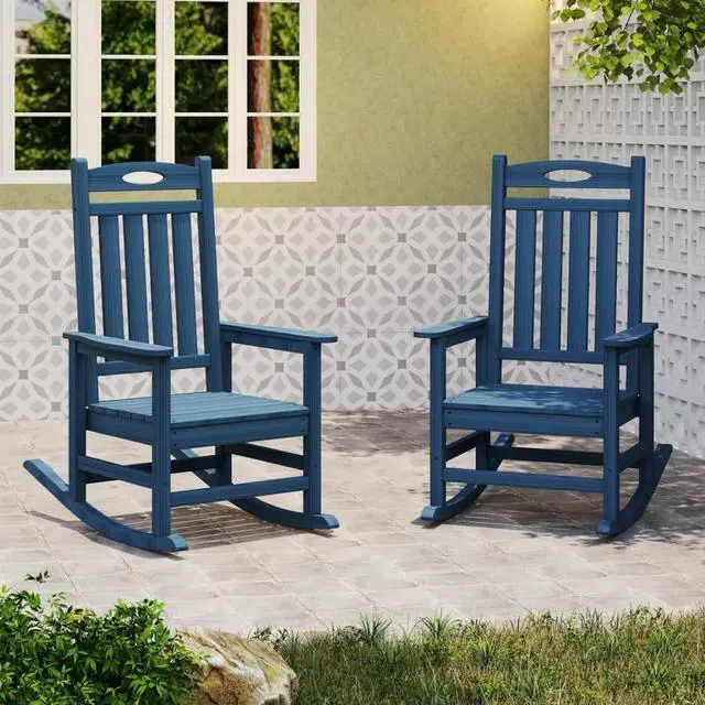 Alt view image 2 of 7 - Oversized HDPE Patio Rocking Chairs w/High Backrest & Rounded Armrests for Garden, All Weather Outdoor Porch Rocker w/Slatted Frame & Ergonomic Design for Deck, Poolside, Set of 2 (Dark Blue)