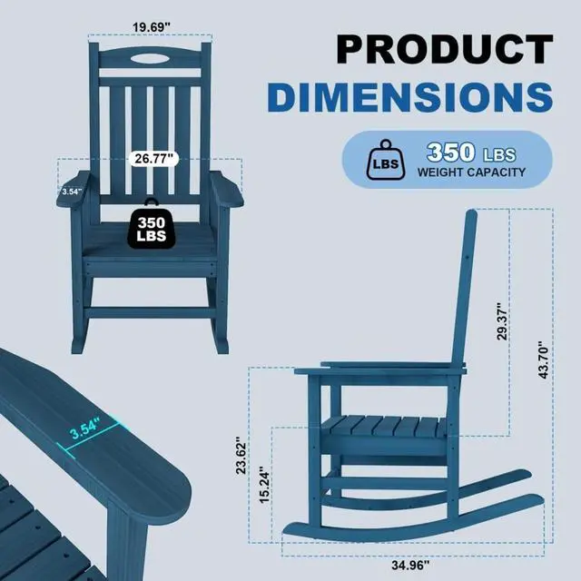 Alt view image 3 of 7 - Oversized HDPE Patio Rocking Chairs w/High Backrest & Rounded Armrests for Garden, All Weather Outdoor Porch Rocker w/Slatted Frame & Ergonomic Design for Deck, Poolside, Set of 2 (Dark Blue)