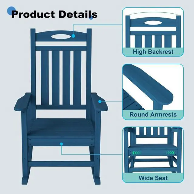 Alt view image 4 of 7 - Oversized HDPE Patio Rocking Chairs w/High Backrest & Rounded Armrests for Garden, All Weather Outdoor Porch Rocker w/Slatted Frame & Ergonomic Design for Deck, Poolside, Set of 2 (Dark Blue)