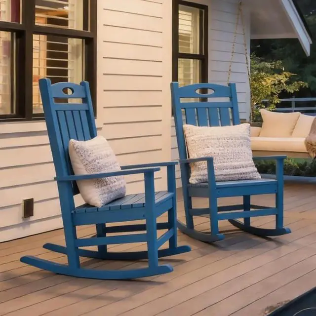 Alt view image 6 of 7 - Oversized HDPE Patio Rocking Chairs w/High Backrest & Rounded Armrests for Garden, All Weather Outdoor Porch Rocker w/Slatted Frame & Ergonomic Design for Deck, Poolside, Set of 2 (Dark Blue)