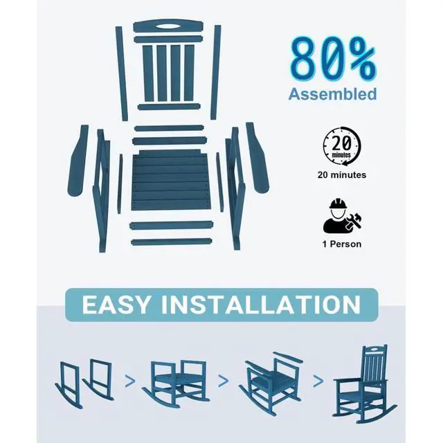 Alt view image 7 of 7 - Oversized HDPE Patio Rocking Chairs w/High Backrest & Rounded Armrests for Garden, All Weather Outdoor Porch Rocker w/Slatted Frame & Ergonomic Design for Deck, Poolside, Set of 2 (Dark Blue)