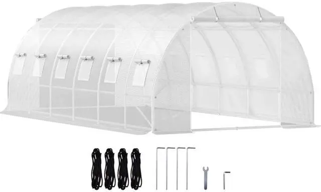 Main image of White Walk-in Tunnel Greenhouse with 2 Zippered Doors & 12 Roll-up Windows for Backyard, Lawn, Outdoor Plant Tent with 3 Top Beams and Galvanized Steel Hoops for Growing Plants