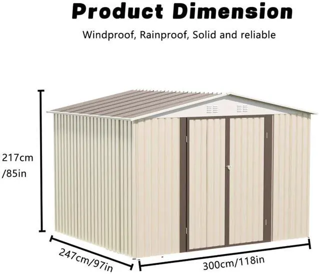 Alt view image 4 of 7 - Outdoor Storage Sheds with Lockable Sliding Door and Aluminum Alloy Frame for Backyard, Lawn, Garden Tool Storage House with Two Sloped Sides Roof for Patio, Porch (10x8 FT White with Metal Base)