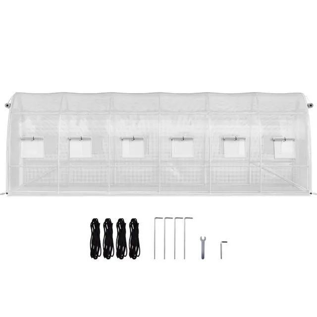 Alt view image 3 of 7 - White Walk-in Tunnel Greenhouse with 2 Zippered Doors & 12 Roll-up Windows for Backyard, Lawn, Outdoor Plant Tent with 3 Top Beams and Galvanized Steel Hoops for Growing Plants