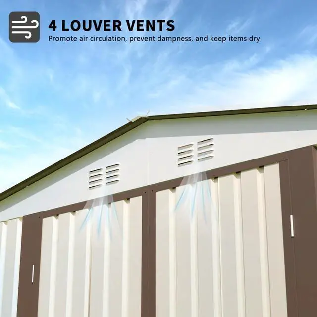 Alt view image 5 of 7 - Outdoor Storage Sheds with Lockable Sliding Door and Aluminum Alloy Frame for Backyard, Lawn, Garden Tool Storage House with Two Sloped Sides Roof for Patio, Porch (10x8 FT White with Metal Base)
