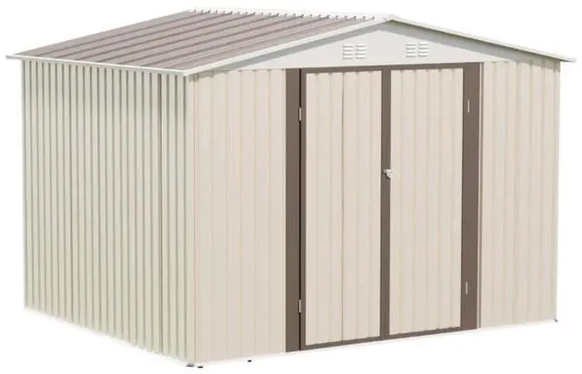 Alt view image 7 of 7 - Outdoor Storage Sheds with Lockable Sliding Door and Aluminum Alloy Frame for Backyard, Lawn, Garden Tool Storage House with Two Sloped Sides Roof for Patio, Porch (10x8 FT White with Metal Base)