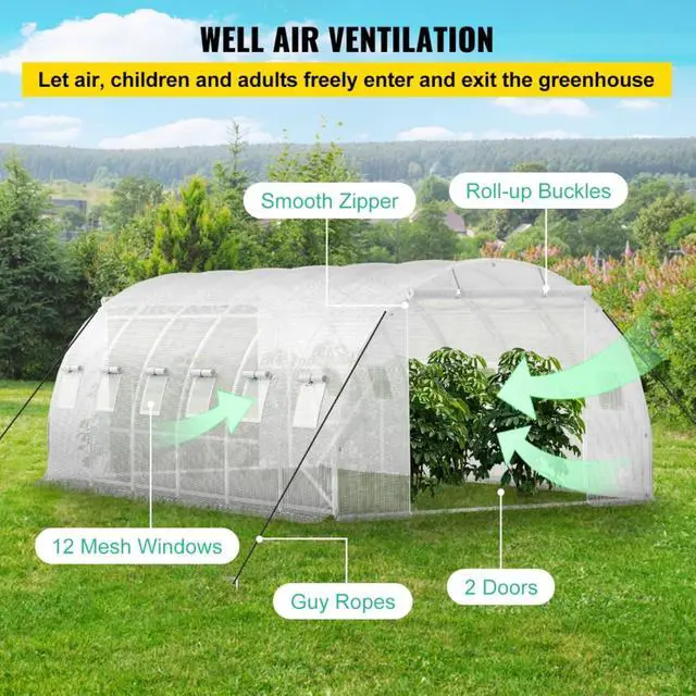 Alt view image 2 of 7 - White Walk-in Tunnel Greenhouse with 2 Zippered Doors & 12 Roll-up Windows for Backyard, Lawn, Outdoor Plant Tent with 3 Top Beams and Galvanized Steel Hoops for Growing Plants