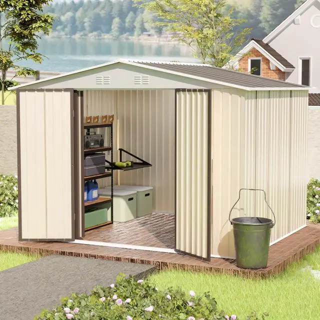 Main image of Outdoor Storage Sheds with Lockable Sliding Door and Aluminum Alloy Frame for Backyard, Lawn, Garden Tool Storage House with Two Sloped Sides Roof for Patio, Porch (10x8 FT White Garden Shed)