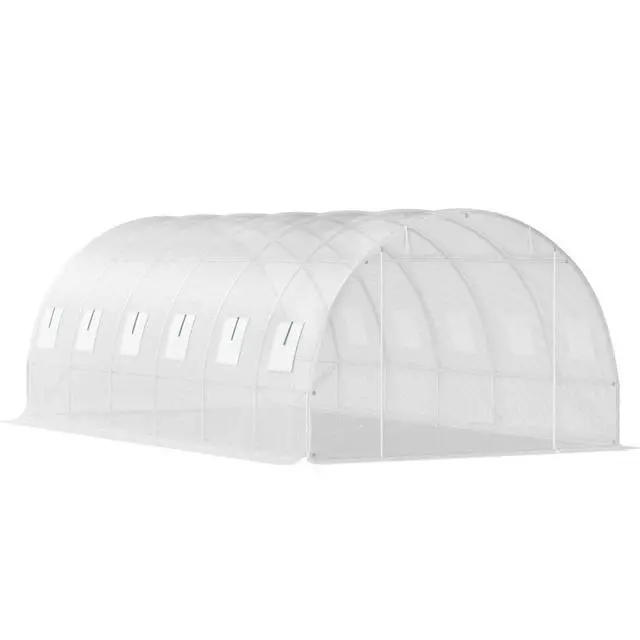Alt view image 6 of 7 - White Walk-in Tunnel Greenhouse with 2 Zippered Doors & 12 Roll-up Windows for Backyard, Lawn, Outdoor Plant Tent with 3 Top Beams and Galvanized Steel Hoops for Growing Plants