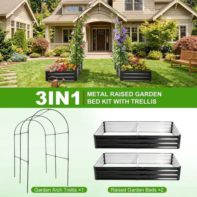 Alt view image 2 of 6 - Raised Garden Bed with Arch Trellis and Open Bottom Design for Growing Flowers, Vegetables, Outdoor Metal Planters with Iron Frame for Backyard, Lawn, Poolside