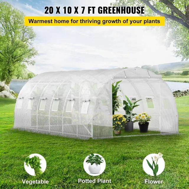 Alt view image 7 of 7 - White Walk-in Tunnel Greenhouse with 2 Zippered Doors & 12 Roll-up Windows for Backyard, Lawn, Outdoor Plant Tent with 3 Top Beams and Galvanized Steel Hoops for Growing Plants