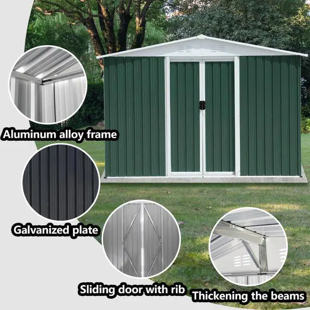 Alt view image 3 of 6 - Outdoor Storage Sheds with Lockable Sliding Door and Aluminum Alloy Frame for Backyard, Lawn, Garden Tool Storage House with Two Sloped Sides Roof for Patio, Porch (8x6 Feet Green)