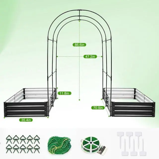 Alt view image 6 of 6 - Raised Garden Bed with Arch Trellis and Open Bottom Design for Growing Flowers, Vegetables, Outdoor Metal Planters with Iron Frame for Backyard, Lawn, Poolside