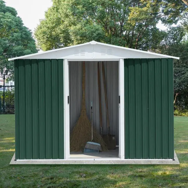 Alt view image 4 of 6 - Outdoor Storage Sheds with Lockable Sliding Door and Aluminum Alloy Frame for Backyard, Lawn, Garden Tool Storage House with Two Sloped Sides Roof for Patio, Porch (8x6 Feet Green)