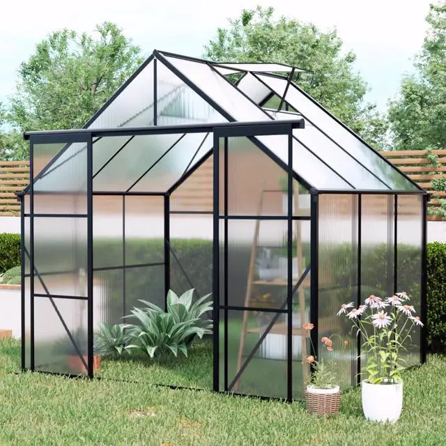Alt view image 2 of 7 - Plant Green House with Double Door and Drainage Gutter System for Backyard, Lawn, Outdoor Plant Tent with Adjustable Roof and Thick Polycarbonate Board for Growing Flowers, Vegetables (Black 8*6FT)
