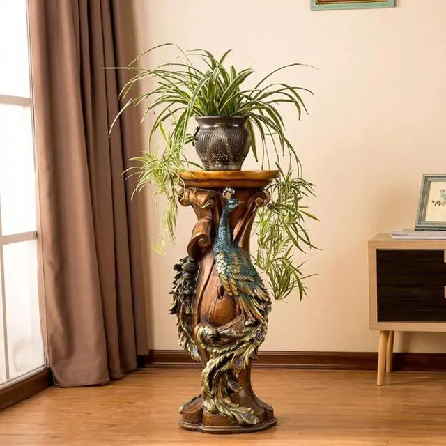 Main image of Ornate Peacock Pedestal Plant Stand, 32.7" European Classical Resin Column Sculpture, Decorative Flower Pot Holder Display Stand, Vintage Indoor Decor for Living Room, Entryway, Foyer (Brown)