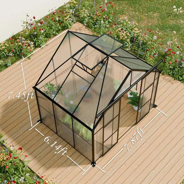 Alt view image 3 of 7 - Plant Green House with Double Door and Drainage Gutter System for Backyard, Lawn, Outdoor Plant Tent with Adjustable Roof and Thick Polycarbonate Board for Growing Flowers, Vegetables (Black 8*6FT)