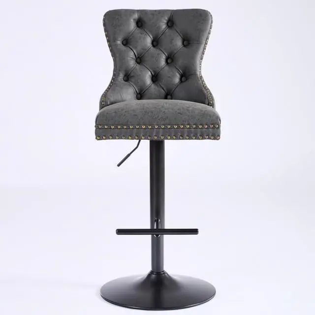Alt view image 3 of 7 - Barstools Set of 2,Retro Swivel Pub Chair w/Height Adjustable Seat&Sturdy Metal Base for Cafe,Pub Height Bar Chairs Button Tufted Bar Stool w/High Back &Metal Ring for Home (Charcoal Black + Set of 2)