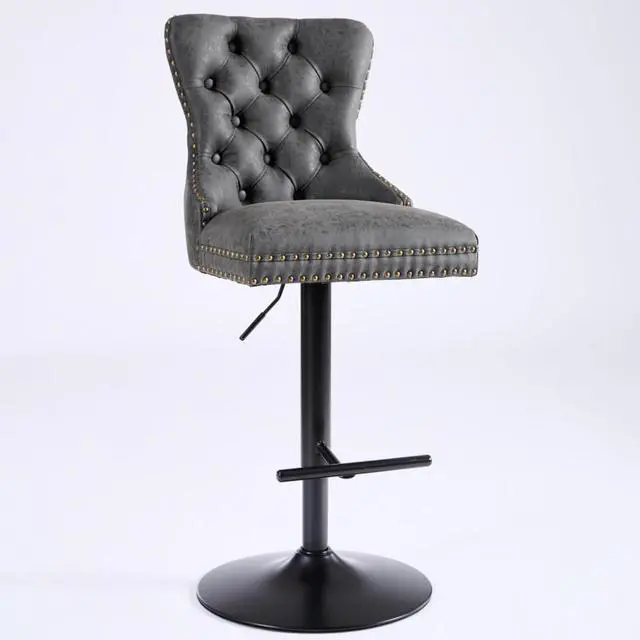Alt view image 4 of 7 - Barstools Set of 2,Retro Swivel Pub Chair w/Height Adjustable Seat&Sturdy Metal Base for Cafe,Pub Height Bar Chairs Button Tufted Bar Stool w/High Back &Metal Ring for Home (Charcoal Black + Set of 2)