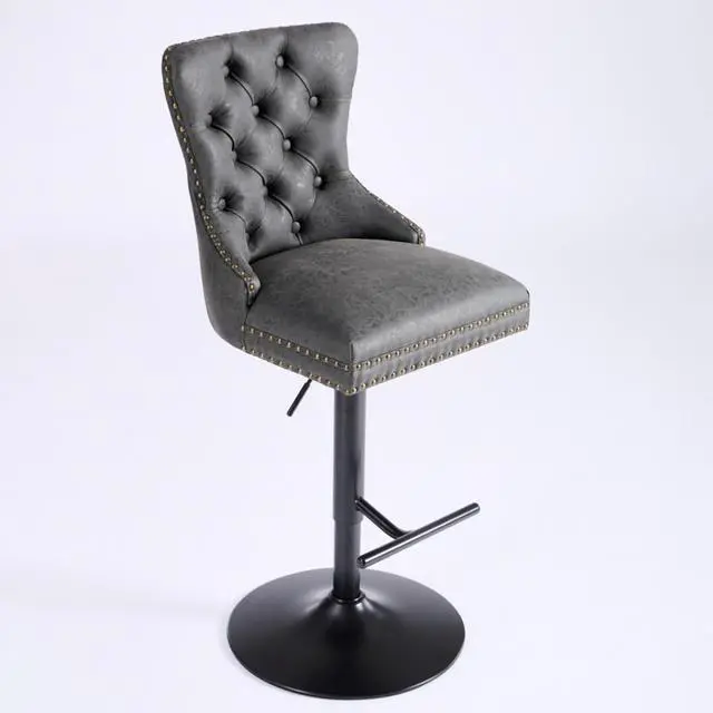 Alt view image 6 of 7 - Barstools Set of 2,Retro Swivel Pub Chair w/Height Adjustable Seat&Sturdy Metal Base for Cafe,Pub Height Bar Chairs Button Tufted Bar Stool w/High Back &Metal Ring for Home (Charcoal Black + Set of 2)