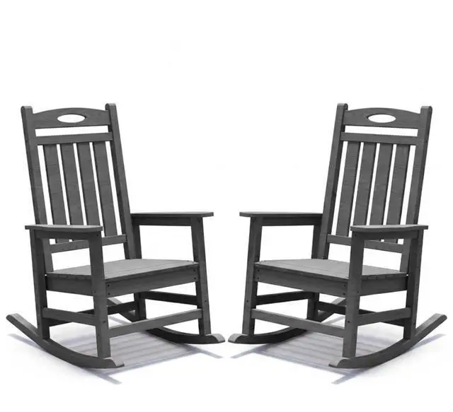 Main image of Oversized HDPE Patio Rocking Chairs w/High Backrest & Rounded Armrests for Garden, All Weather Outdoor Porch Rocker w/Slatted Frame & Ergonomic Design for Deck, Poolside, Set of 2 (Grey)