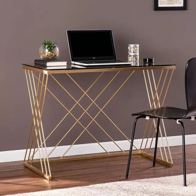 Main image of Unique Base Design Home Office Versatile Computer Desk with Spacious Glass Tabletop, Modern Contemporary PC Laptop Desk, Easy to Assemble