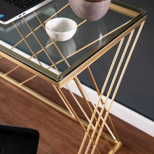 Alt view image 3 of 6 - Unique Base Design Home Office Versatile Computer Desk with Spacious Glass Tabletop, Modern Contemporary PC Laptop Desk, Easy to Assemble