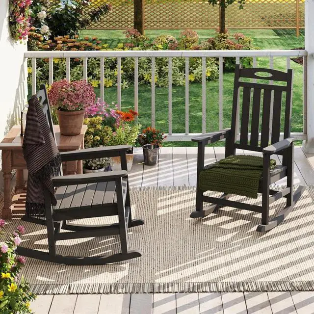 Alt view image 2 of 7 - Oversized HDPE Patio Rocking Chairs w/High Backrest & Rounded Armrests for Garden, All Weather Outdoor Porch Rocker w/Slatted Frame & Ergonomic Design for Deck, Poolside, Set of 2 (Grey)