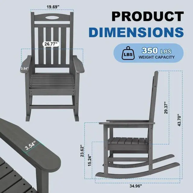 Alt view image 3 of 7 - Oversized HDPE Patio Rocking Chairs w/High Backrest & Rounded Armrests for Garden, All Weather Outdoor Porch Rocker w/Slatted Frame & Ergonomic Design for Deck, Poolside, Set of 2 (Grey)