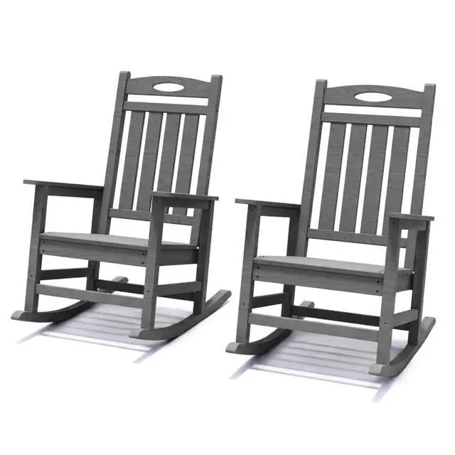 Alt view image 4 of 7 - Oversized HDPE Patio Rocking Chairs w/High Backrest & Rounded Armrests for Garden, All Weather Outdoor Porch Rocker w/Slatted Frame & Ergonomic Design for Deck, Poolside, Set of 2 (Grey)
