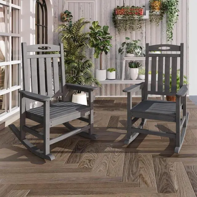 Alt view image 6 of 7 - Oversized HDPE Patio Rocking Chairs w/High Backrest & Rounded Armrests for Garden, All Weather Outdoor Porch Rocker w/Slatted Frame & Ergonomic Design for Deck, Poolside, Set of 2 (Grey)