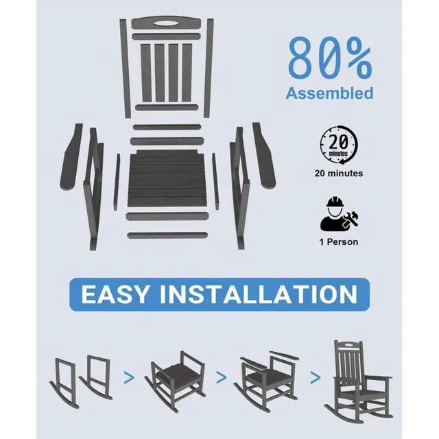 Alt view image 7 of 7 - Oversized HDPE Patio Rocking Chairs w/High Backrest & Rounded Armrests for Garden, All Weather Outdoor Porch Rocker w/Slatted Frame & Ergonomic Design for Deck, Poolside, Set of 2 (Grey)