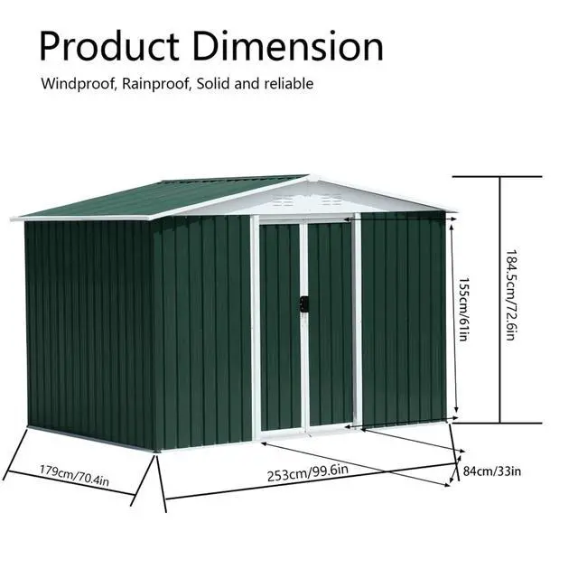 Alt view image 6 of 6 - Outdoor Storage Sheds with Lockable Sliding Door and Aluminum Alloy Frame for Backyard, Lawn, Garden Tool Storage House with Two Sloped Sides Roof for Patio, Porch (8x6 Feet Green)