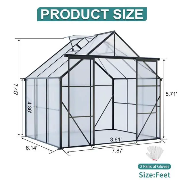 Alt view image 5 of 7 - Plant Green House with Double Door and Drainage Gutter System for Backyard, Lawn, Outdoor Plant Tent with Adjustable Roof and Thick Polycarbonate Board for Growing Flowers, Vegetables (Black 8*6FT)