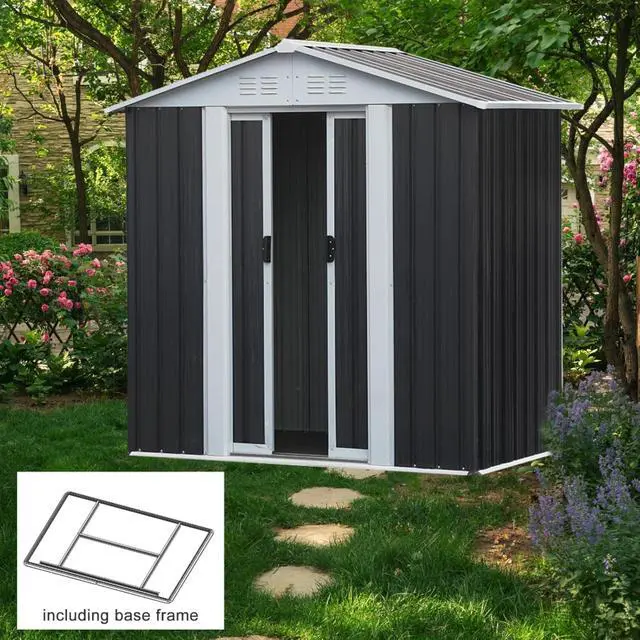 Alt view image 2 of 7 - Outdoor Storage Sheds with Lockable Sliding Door and Aluminum Alloy Frame for Backyard, Lawn, Garden Tool Storage House with Two Sloped Sides Roof for Patio, Porch (6x4 FT Grey with Metal Base)