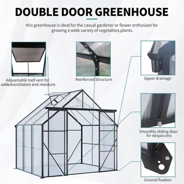 Alt view image 6 of 7 - Plant Green House with Double Door and Drainage Gutter System for Backyard, Lawn, Outdoor Plant Tent with Adjustable Roof and Thick Polycarbonate Board for Growing Flowers, Vegetables (Black 8*6FT)
