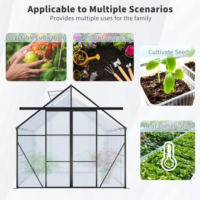 Alt view image 7 of 7 - Plant Green House with Double Door and Drainage Gutter System for Backyard, Lawn, Outdoor Plant Tent with Adjustable Roof and Thick Polycarbonate Board for Growing Flowers, Vegetables (Black 8*6FT)
