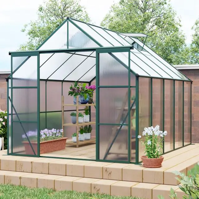 Alt view image 2 of 7 - Plant Green House with Double Door and Drainage Gutter System for Backyard, Lawn, Outdoor Plant Tent with Adjustable Roof and Thick Polycarbonate Board for Growing Flowers, Vegetables (Green 8*10FT)