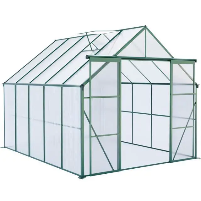 Alt view image 3 of 7 - Plant Green House with Double Door and Drainage Gutter System for Backyard, Lawn, Outdoor Plant Tent with Adjustable Roof and Thick Polycarbonate Board for Growing Flowers, Vegetables (Green 8*10FT)