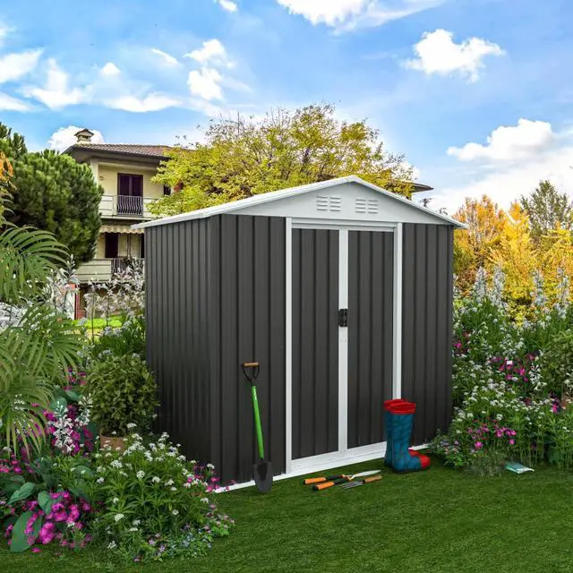 Main image of Outdoor Storage Sheds with Lockable Sliding Door and Aluminum Alloy Frame for Backyard, Lawn, Garden Tool Storage House with Two Sloped Sides Roof for Patio, Porch (6X4 Feet Grey)