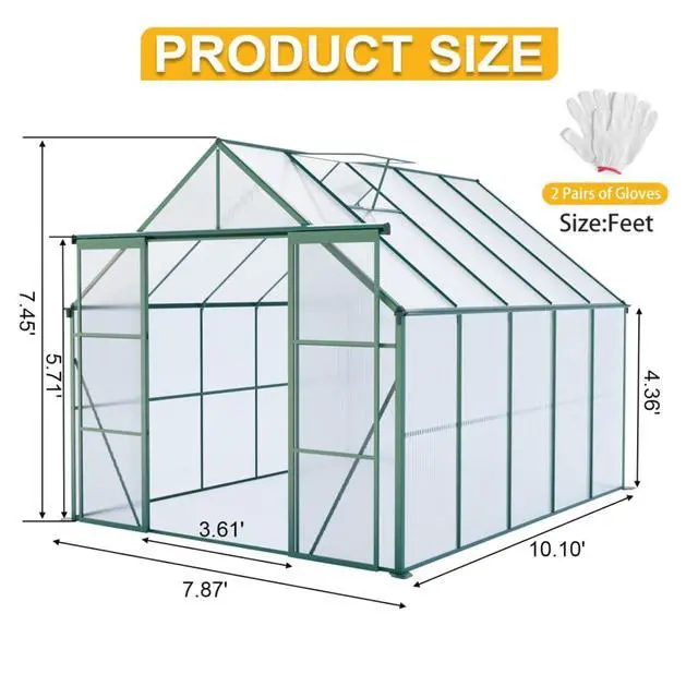 Alt view image 5 of 7 - Plant Green House with Double Door and Drainage Gutter System for Backyard, Lawn, Outdoor Plant Tent with Adjustable Roof and Thick Polycarbonate Board for Growing Flowers, Vegetables (Green 8*10FT)
