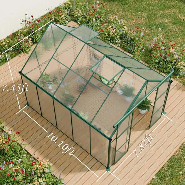 Alt view image 4 of 7 - Plant Green House with Double Door and Drainage Gutter System for Backyard, Lawn, Outdoor Plant Tent with Adjustable Roof and Thick Polycarbonate Board for Growing Flowers, Vegetables (Green 8*10FT)
