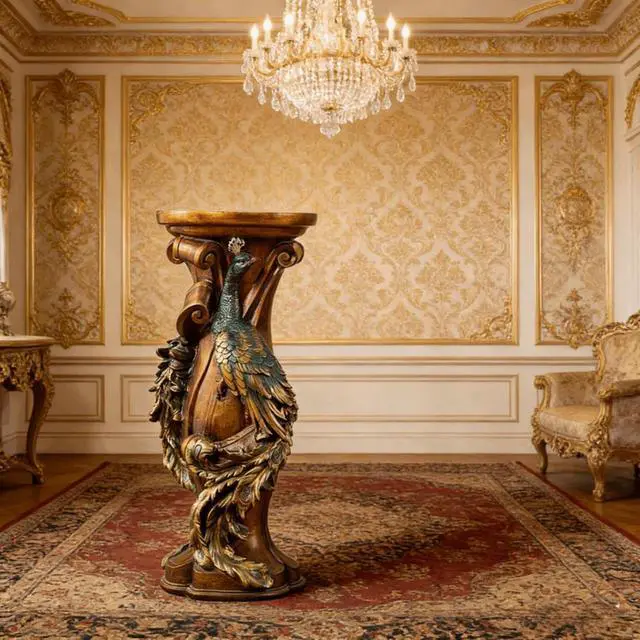 Alt view image 2 of 7 - Ornate Peacock Pedestal Plant Stand, 32.7" European Classical Resin Column Sculpture, Decorative Flower Pot Holder Display Stand, Vintage Indoor Decor for Living Room, Entryway, Foyer (Brown)