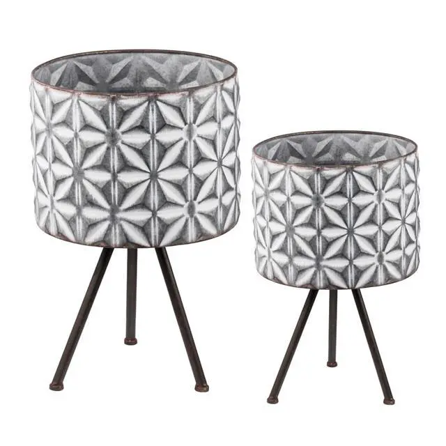 Alt view image 2 of 5 - Planter Set with Wooden Legs and Rope Texture for Backyard, Living Room, Lawn, Outdoor Flower Pot Set with Classic Design for Growing Flowers, Herbs, Plants (Gray + Iron)