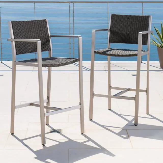 Main image of Stylish Outdoor Bar Height Pub Chairs w/Sturdy Metal Frame & Footrest for Poolside, Contemporary Aluminum Patio Bar Stools w/PE Rattan Back & Seat for Garden, Deck, Porch, Set of 2