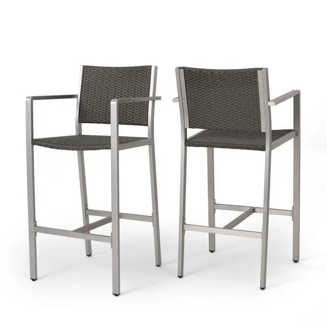 Alt view image 4 of 7 - Stylish Outdoor Bar Height Pub Chairs w/Sturdy Metal Frame & Footrest for Poolside, Contemporary Aluminum Patio Bar Stools w/PE Rattan Back & Seat for Garden, Deck, Porch, Set of 2